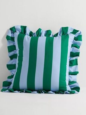 Maeve by Anthropologie Striped Ruffle Indoor/Outdoor Pillow - Blue Green Stripes